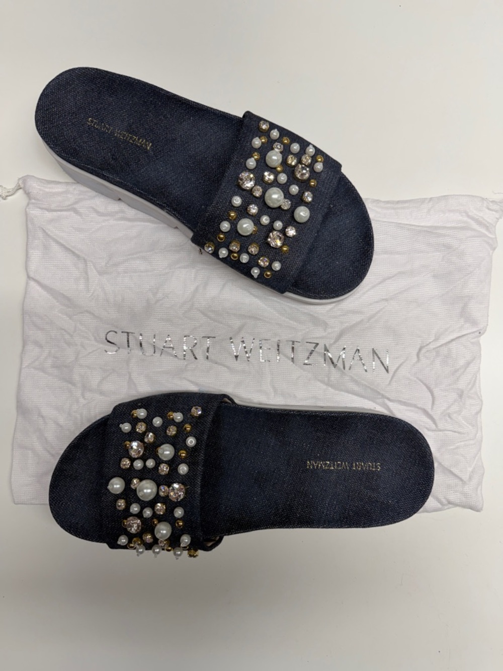 Stuart Weitzman Land Decor Sandals Slides Slip On Flats Denim Pearls Navy Size 7